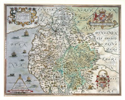 Un mapa de Westmorland y Cumberland, 1576 de Christopher Saxton