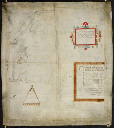 Mapa de los señoríos de Bayford y Goodmanston en Murston y Sittingbourne, co. Kent: 1590 (tinta y aguada de color sobre vitela) de Christopher Saxton