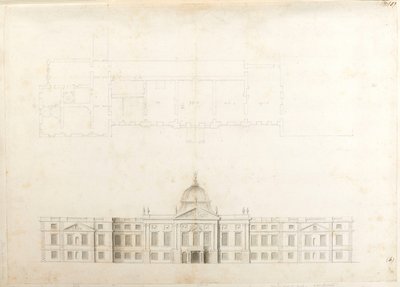 Palacio de Hampton Court, plano parcial y elevación de boceto para una fachada de entrada, probablemente para el segundo esquema, numerado 5 y 6 de Christopher Wren
