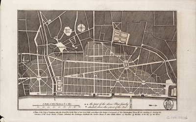 Plano de la ciudad de Londres tras el Gran Incendio de 1666 (impresión) de Christopher Wren