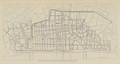 Plano de Sir Christopher Wren para la reconstrucción de la zona incendiada superpuesto a las calles existentes (litografía) de Christopher Wren