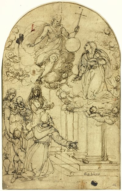 Visión de San Francisco de Asís en Portiuncula (recto); Diseño ornamental (verso) de Circle of Alessandro Allori