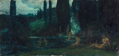 Mujeres bañándose al atardecer en un paisaje del sur de Circle of Arnold Böcklin