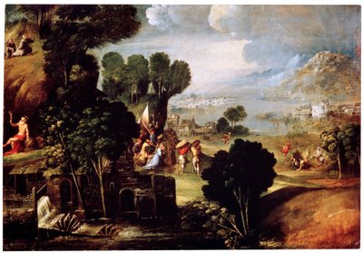 Paisaje con escenas de las vidas de los santos, c1530 de Circle of Dosso Dossi