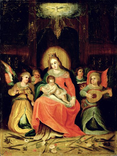 La Virgen María con el niño y ángeles tocando música de Circle of Frans Francken the Younger