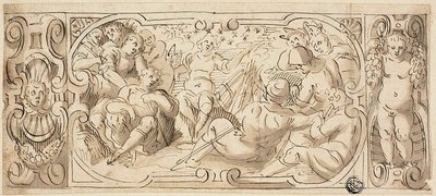 Diseño de friso decorativo con José interpretando el sueño a sus hermanos de Circle of Giovanni Battista Castello