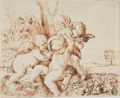 Dos Putti vendan los ojos a un tercero de Circle of Guido Reni
