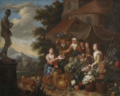 Venta de verduras y flores en un puesto del mercado italiano. de Circle of Norbert van Bloemen