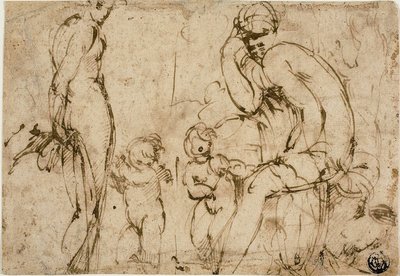 Venus y Marte con Putti (anverso); Hombre barbudo moviéndose hacia la derecha (reverso) de Circle of Parmigianino