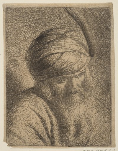 Busto de un hombre con turbante emplumado y barba larga de Circle of Rembrandt