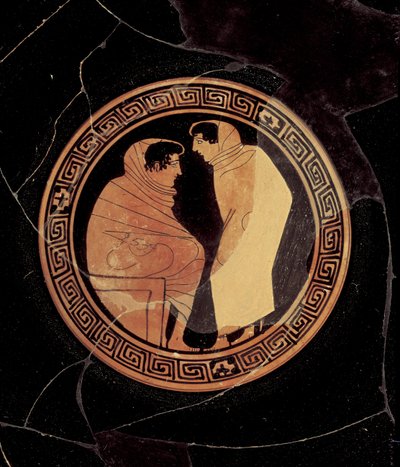 Kylix de figuras rojas ática que representa una conversación entre dos figuras masculinas, c.450 a.C. (detalle) de Circle of the Penthesilia Painter attr. to Circle of the Penthesilia Painter attr. to