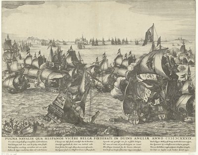 Zeeslag bij Duins, 1639 La batalla naval en la que los belgas derrotaron a los españoles en los Duins de Inglaterra en el año 1339 (título sobre objeto) de Claes Jansz. Visscher (II) (workshop of)