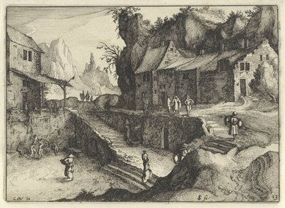 Pueblo de montaña con casas y escaleras
Paisajes holandeses (título de la serie)
Amaeniores Aliquot Regiunculae (título de la serie en el objeto) de Claes Jansz. Visscher (II)