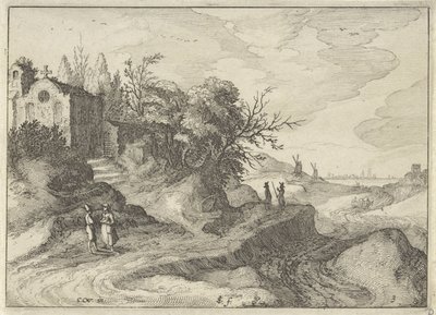 Capilla en una sinuosa carretera rural
Paisajes holandeses (título de la serie)
Amaeniores Aliquot Regiunculae (título de la serie en el objeto) de Claes Jansz. Visscher (II)