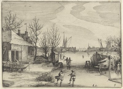 Astillero en un canal congelado
Paisajes holandeses (título de la serie)
Amaeniores Aliquot Regiunculae (título de la serie en el objeto) de Claes Jansz. Visscher (II)