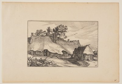 Una granja, hombre en la puerta, de Paisajes (Verscheyden aerdige Lanthuysen...) de Claes Jansz. Visscher