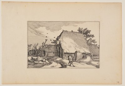 Una granja, hombre con dos cubos en el camino de enfrente, de Paisajes (Verscheyden aerdige Lanthuysen...) de Claes Jansz. Visscher