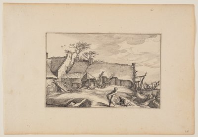 Una granja, un hombre con una cesta en primer plano, de Paisajes (Verscheyden aerdige Lanthuysen...) de Claes Jansz. Visscher