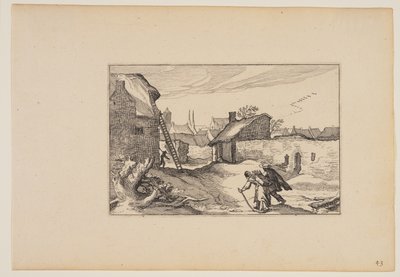 Un pueblo, escalera apoyada en la casa de la izquierda, de Paisajes (Verscheyden aerdige Lanthuysen...) de Claes Jansz. Visscher
