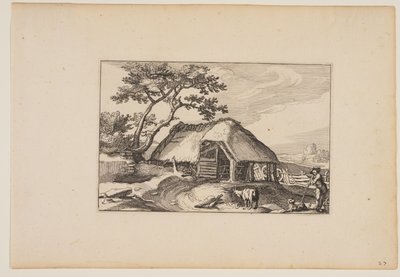 Granero, Rebaño descansando sobre su vara en primer plano a la derecha, de Paisajes (Verscheyden aerdige Lanthuysen...) de Claes Jansz. Visscher