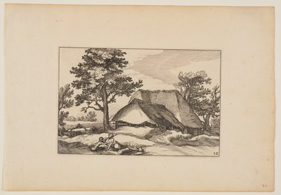 Graneros, rebaño descansando y perro en primer plano, de Paisajes (Verscheyden aerdige Lanthuysen...) de Claes Jansz. Visscher