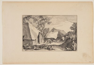 Graneros, mujer y perro en primer plano a la derecha, de Paisajes (Verscheyden aerdige Lanthuysen...) de Claes Jansz. Visscher