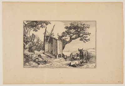 Granero en ruinas con rebaño y ganado, de Paisajes (Verscheyden aerdige Lanthuysen...) de Claes Jansz. Visscher