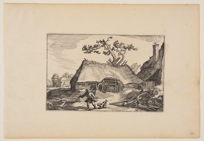 Granja con cobertizo para un carro, hombre con perro ladrador, de Paisajes de Claes Jansz. Visscher