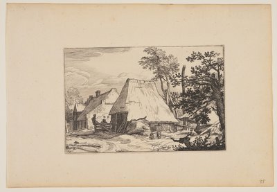 Granja, hombre descansando en una valla a la izquierda del centro, de Paisajes (Verscheyden aerdige Lanthuysen...) de Claes Jansz. Visscher
