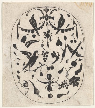 Grabado en negro ovalado con pájaros, insectos y frutas, ca. 1620 de Claes Jansz Visscher