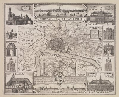 Plano de Amberes con perspectiva de la ciudad y los edificios más importantes de Claes Jansz. Visscher