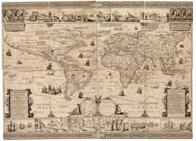 La hoja es un compuesto de ocho secciones y un grabado, pegados sobre cartulina. Escala: aproximadamente 1:35.000.000. de Claes Jansz Visscher