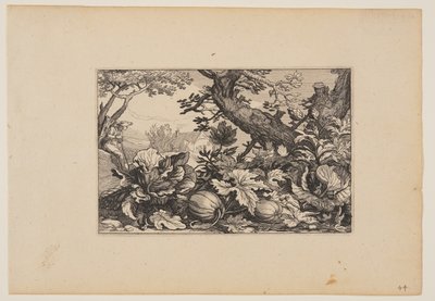 Árbol y melones, de Paisajes (Verscheyden aerdige Lanthuysen...) de Claes Jansz. Visscher