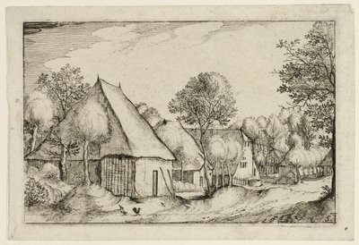 Un corral, lámina cinco según Cuadros de granjas, casas de campo y aldeas rústicas (Praediorum villarum et rusticarum casularum icones) de Claes Jansz. Visscher II