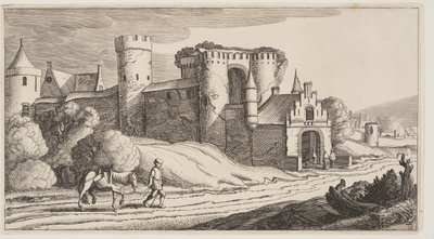 Un campesino con un caballo en un camino cerca de las murallas, de Paisajes (Playsante Lantschappen) de Claes Jansz. Visscher II