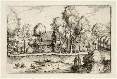 Un estanque, lámina dieciocho después de Cuadros de granjas, casas de campo y aldeas rústicas (Praediorum villarum et rusticarum casularum icones) de Claes Jansz. Visscher II