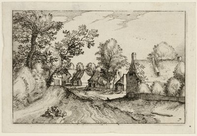 A Village Road, lámina siete después de Cuadros de granjas, casas de campo y aldeas rústicas (Praediorum villarum et rusticarum casularum icones) de Claes Jansz. Visscher II