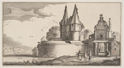 Bastión y ciudad-puerta sobre un río, de Paisajes (Playsante Lantschappen) de Claes Jansz. Visscher II