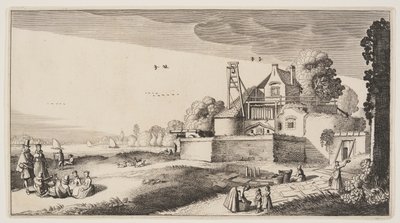Campo blanqueado frente a un fuerte en un río, de Paisajes (Playsante Lantschappen) de Claes Jansz. Visscher II