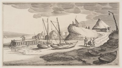 Barcos en tierra cerca de una torre vigía, de Paisajes (Playsante Lantschappen) de Claes Jansz. Visscher II