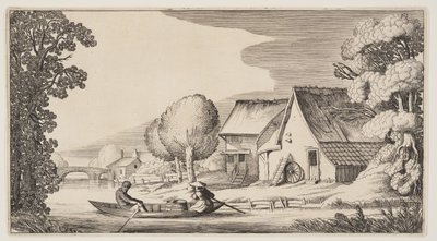 Campesino y campesina en una barca de remos, de Paisajes (Playsante Lantschappen) de Claes Jansz. Visscher II
