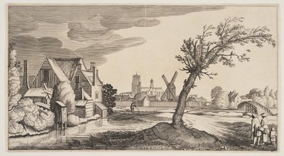 Casa en un estanque a las afueras de un pueblo, de Paisajes (Playsante Lantschappen) de Claes Jansz. Visscher II