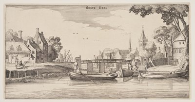 Desembarcadero en un pueblo, de Paisajes (Playsante Lantschappen) de Claes Jansz. Visscher II