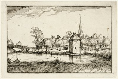 Estanque y aldea, lámina quince después de Cuadros de granjas, casas de campo y aldeas rústicas (Praediorum villarum et rusticarum casularum icones) de Claes Jansz. Visscher II