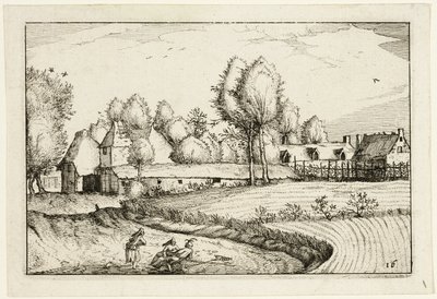 Camino a lo largo de un campo, lámina dieciséis después de Cuadros de granjas, casas de campo y aldeas rústicas (Praediorum villarum et rusticarum casularum icones) de Claes Jansz. Visscher II