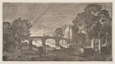 Puesta de sol sobre un río, de Paisajes (Playsante Lantschappen) de Claes Jansz. Visscher II
