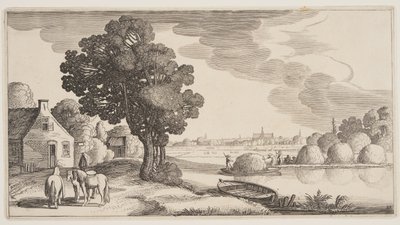 Transporte de heno en un río, de Paisajes (Playsante Lantschappen) de Claes Jansz. Visscher II