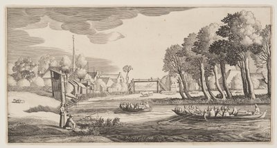 Viajeros en barcas de remos acercándose a un pueblo, de Paisajes (Playsante Lantschappen) de Claes Jansz. Visscher II
