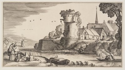 Torre de vigilancia junto a un río, de Paisajes (Playsante Lantschappen) de Claes Jansz. Visscher II