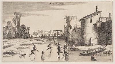 Paisaje invernal con patinadores a lo largo de una muralla, de Paisajes (Playsante Lantschappen) de Claes Jansz. Visscher II